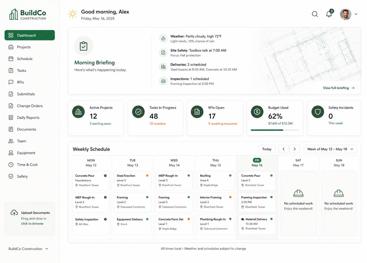 TheBuildersOS AI dashboard showing a morning briefing, summary cards, and a weekly construction schedule